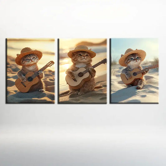 3pcs Guitar Playing Kittens Whimsy Woodland Animals Metal Print Ready to Hang Art
