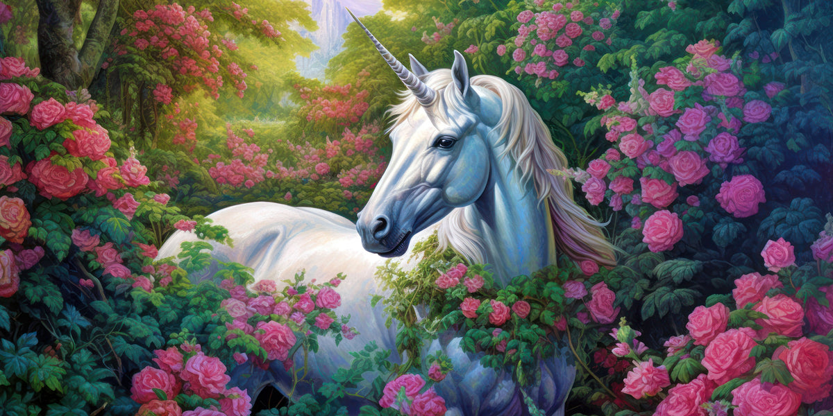 Enchanted White Unicorn Floral Pink Roses Wall Art Canvas Office Home Framed 120x60cm