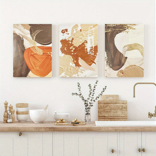 3pcs Boho Orange, Brown & Beige Textured Design Metal Print Ready to Hang Art