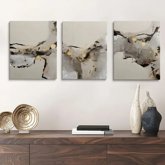 3pcs Abstract Black Grey Gold Classic Design Metal Print Ready to Hang Art