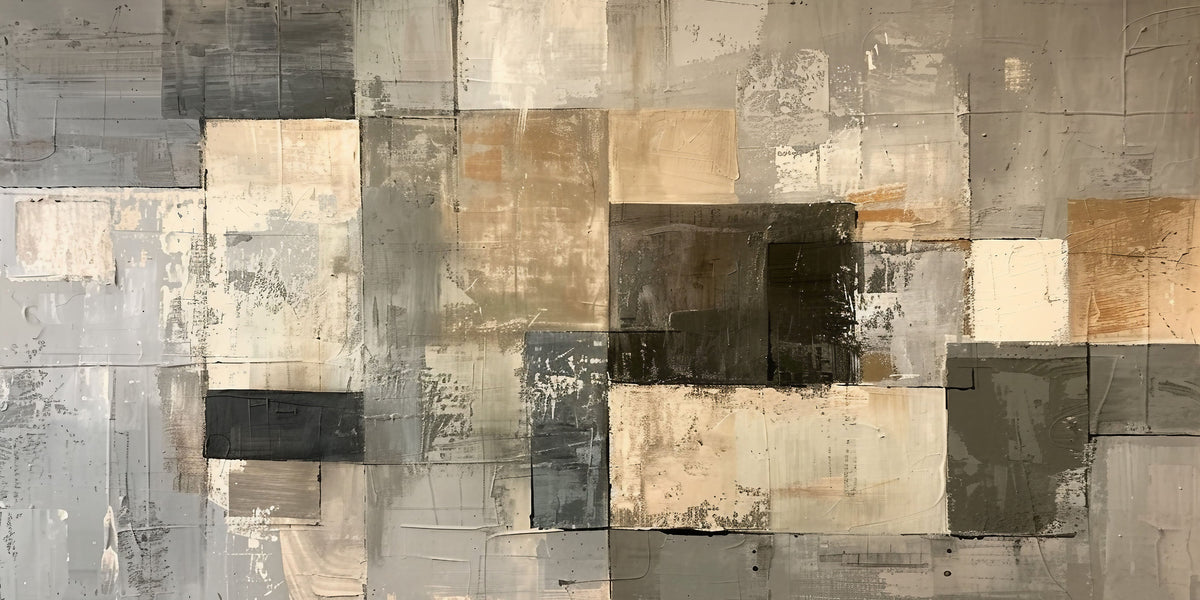 Neutral Grey Beige Geometric Mosaic Block Abstract Wall Art Canvas Office Home Framed 120x60cm