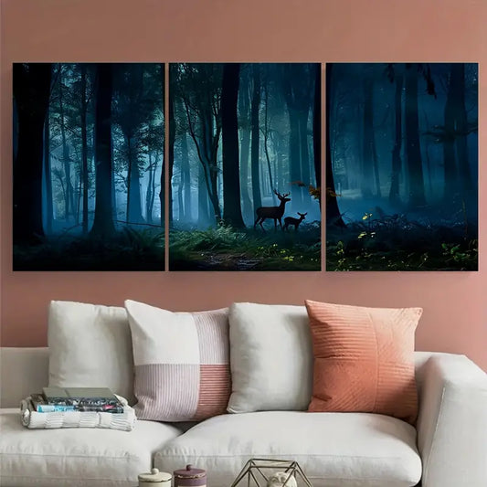 3pcs Forest Night Deer Tall Trees Metal Print Ready to Hang Art