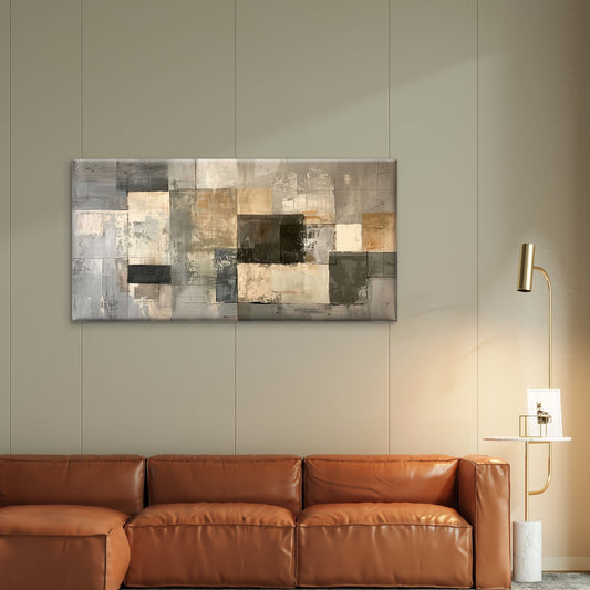 Neutral Grey Beige Geometric Mosaic Block Abstract Wall Art Canvas Office Home Framed 80x45cm