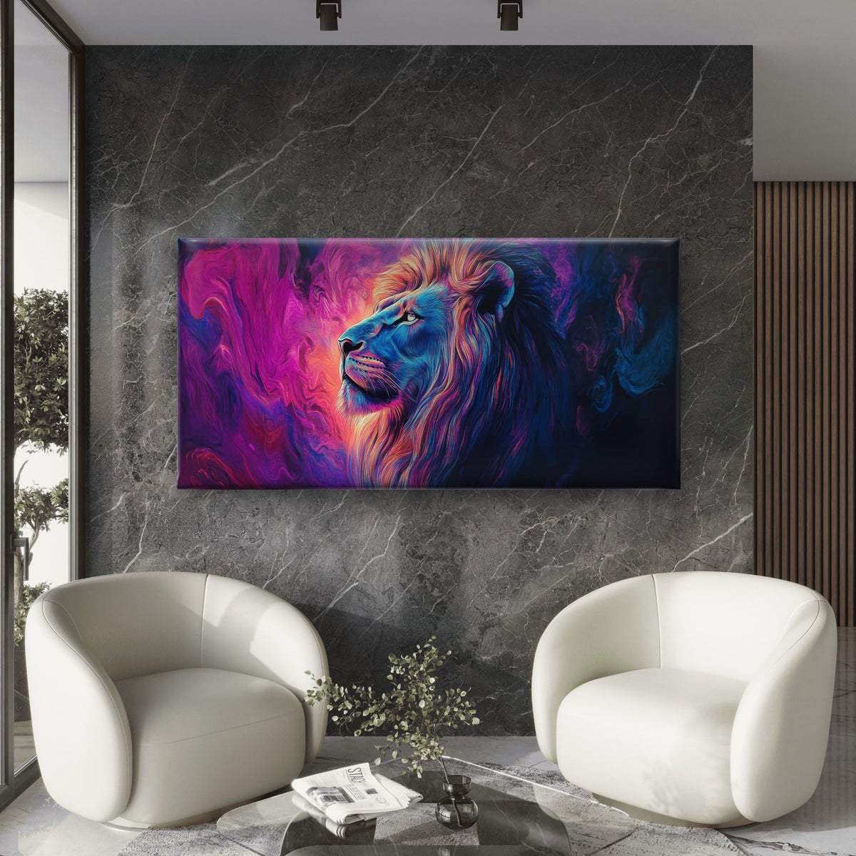 Purple Blue Neon Abstract Lion Wall Art Canvas Office Home Room Framed 120x60cm