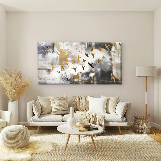 Abstract Gold Bird Flock Grey Tree Wall Art Canvas Office Home Framed 80x45cm