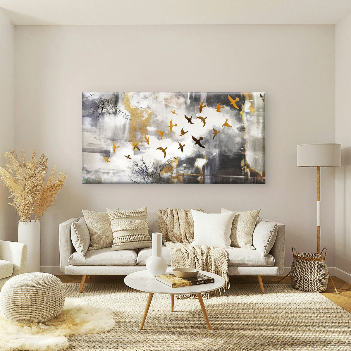Abstract Gold Bird Flock Grey Tree Wall Art Canvas Office Home Framed 80x45cm