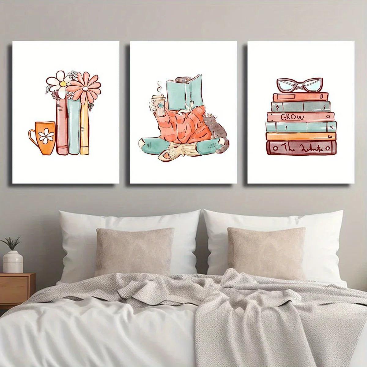 3pcs Books and flowers graphic art Classic Design Metal Print Ready to Hang Art