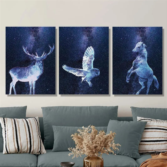 3pcs Abstract Cosmic, Deer, Owl & Horse in Space Stars Metal Print Ready to Hang Art