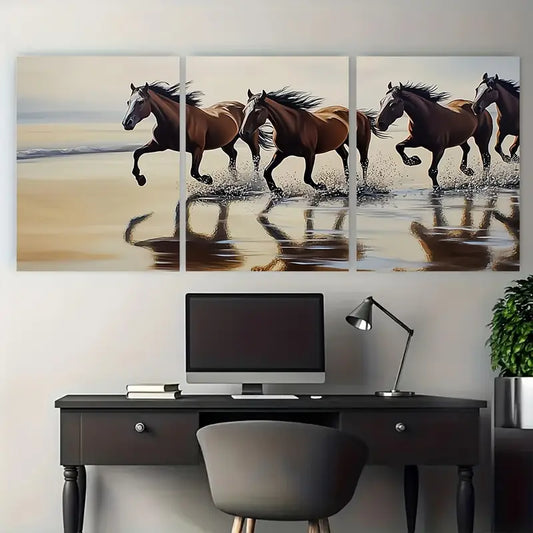 3pcs Equestrian Beach Horses Galloping Metal Print Ready to Hang Art