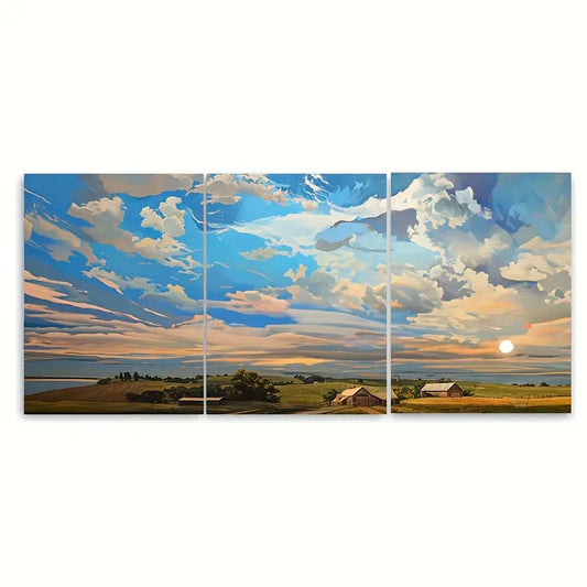 3pcs Farm Sunset Clouds Blue Sky Metal Print Ready to Hang Art