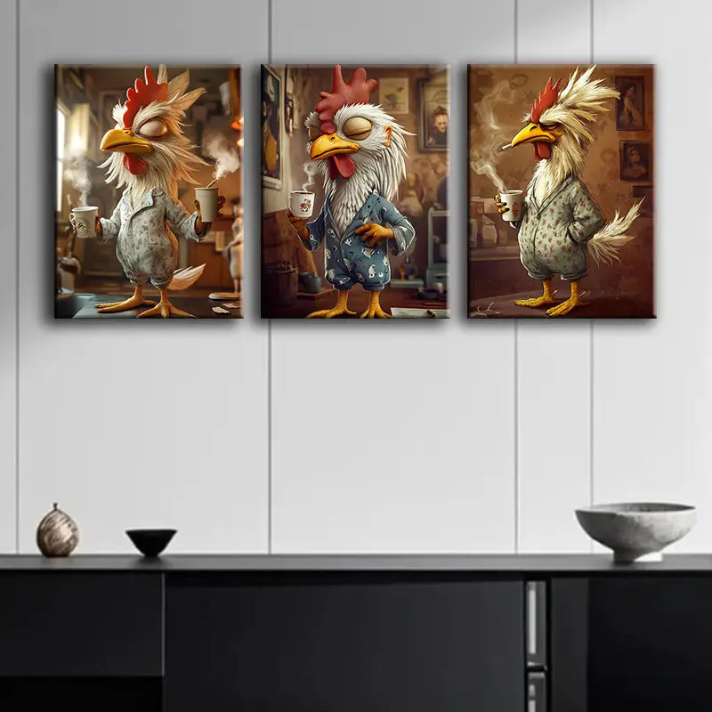 3pcs Tired Chicken with Cup of Coffee Classic Design Metal Print Ready to Hang Art