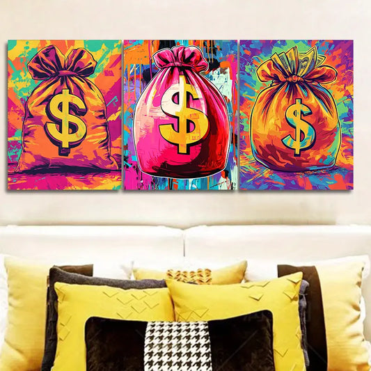 3pcs Dollar Sign Money Bag Metal Print Ready to Hang Art