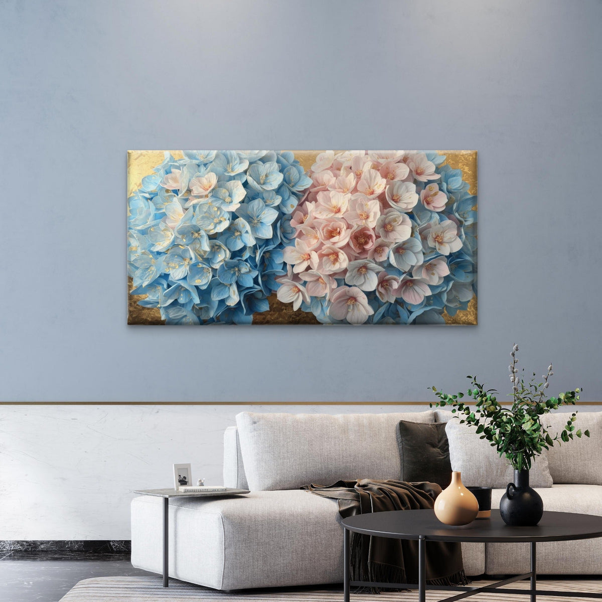 Blue Pink Hydrangea Flower Wall Art Canvas Office Home Room Framed 80x45cm