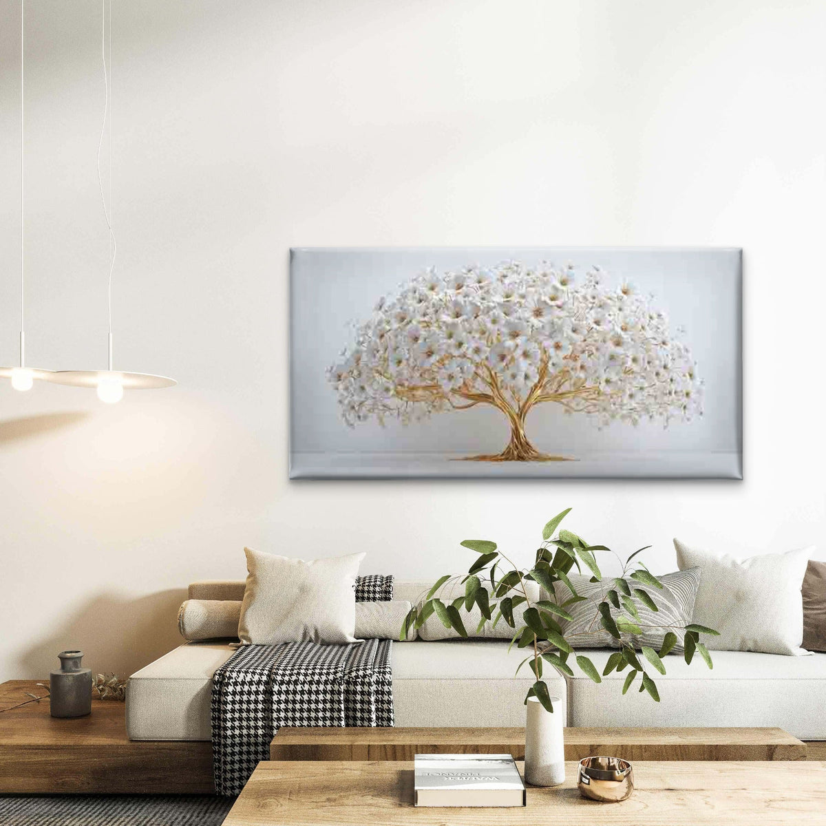 Golden Tree with White Blossoms Wall Art Canvas Office Home Room Framed 120x60cm