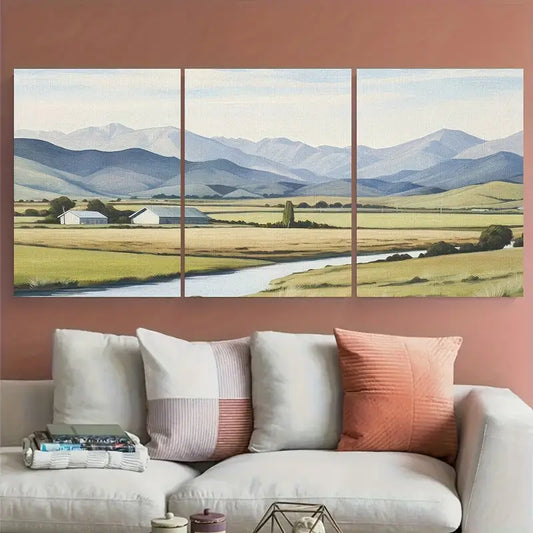 3pcs Open Field Mountains Painting Metal Print Ready to Hang Art