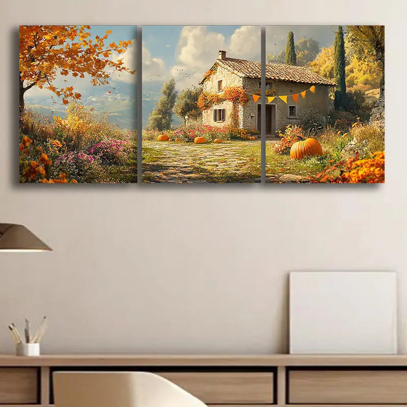 3pcs Autumn Scenery with Colorful Foliage & Pumpkins Metal Print Ready to Hang Art
