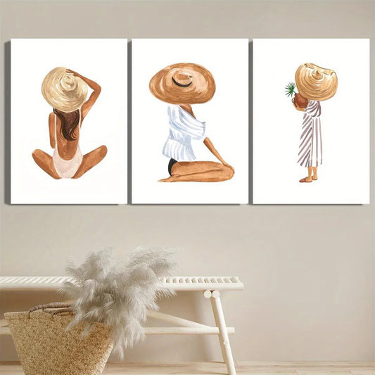 3pcs Boho beach girl sunbathing on the beach Metal Print Ready to Hang Art