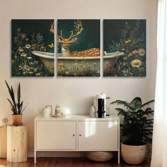 3pcs Deer in Bathtub Whimsical Floral & Antler Design Metal Print Ready to Hang Art