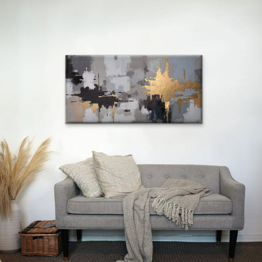 Abstract Black Grey And Gold Brushstrokes Modern Minimalist Wall Art Canvas Office Home Room Framed 80x45cm