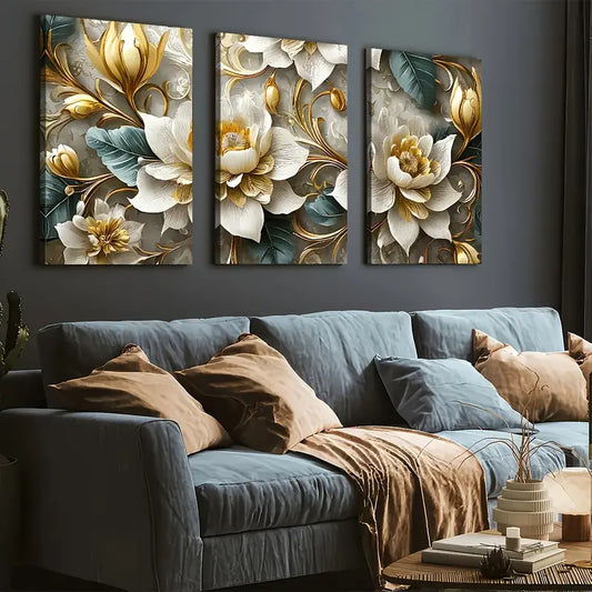 3pcs Light Luxury Style Golden Flower Abstract Art Wall Art Set Canvas Framed 40x60cm - High Quality Print 100% Australian Made Wall Canvas Ready to Hang