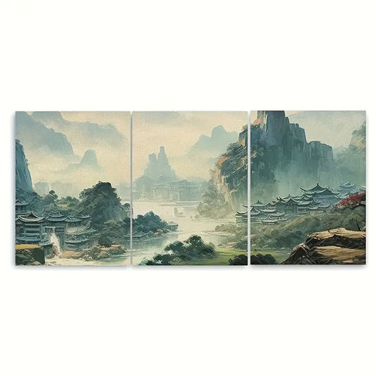 3pcs Bright Foggy Skies Village Metal Print Ready to Hang Art