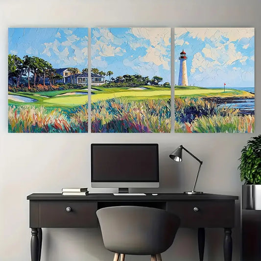 3pcs Harbor Town Golf Course Lighthouse Metal Print Ready to Hang Art