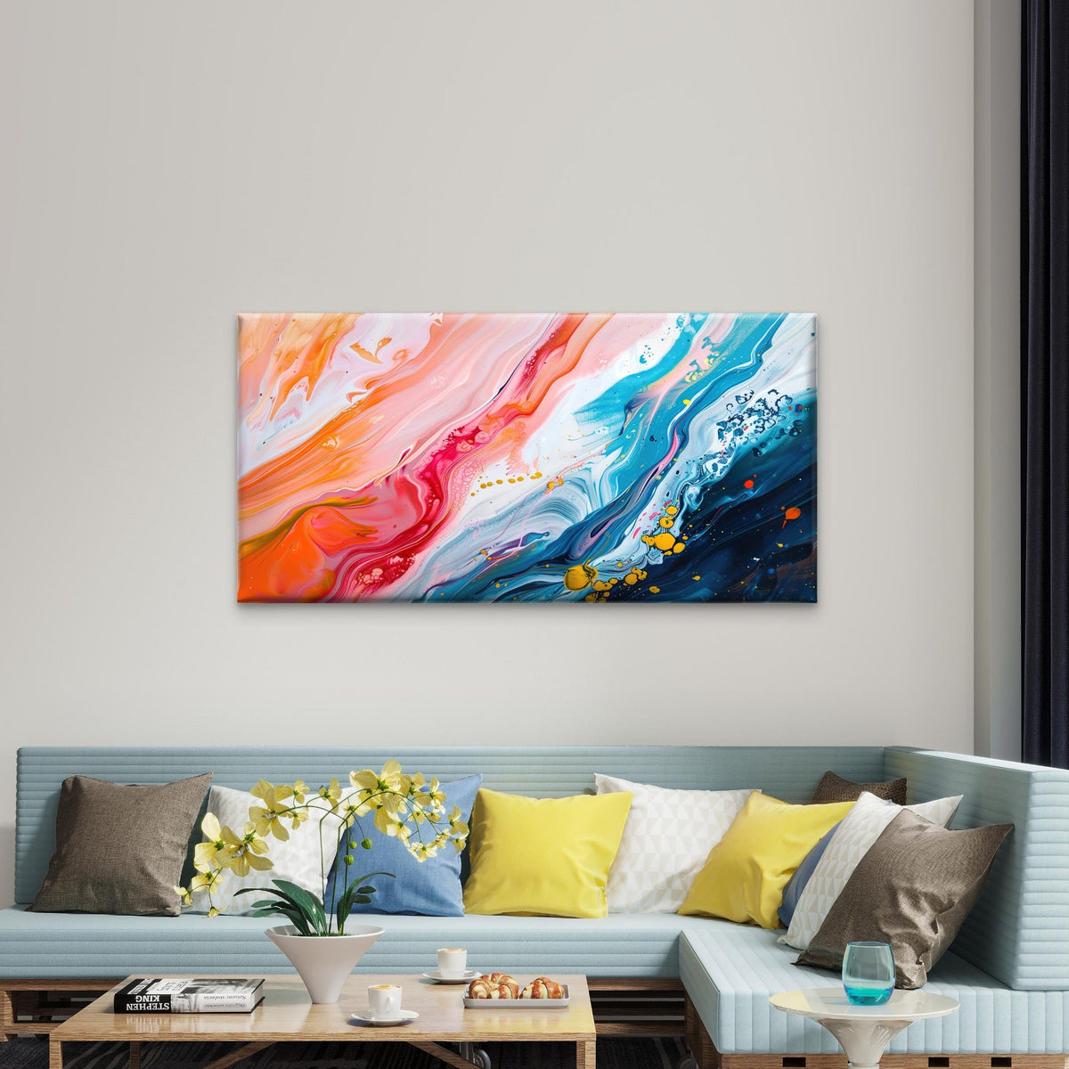 Vibrant Ocean Wave Swirl Gold Wall Art Canvas Office Home Room Framed 120x60cm