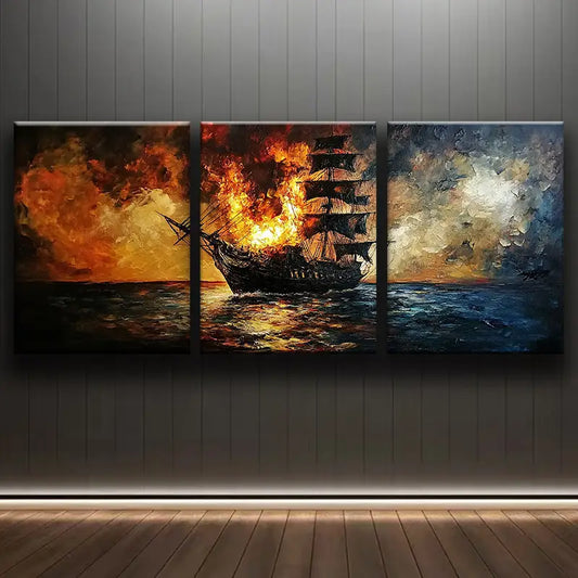 3pcs Watercolor painting of the ship on fire Sea Metal Print Ready to Hang Art