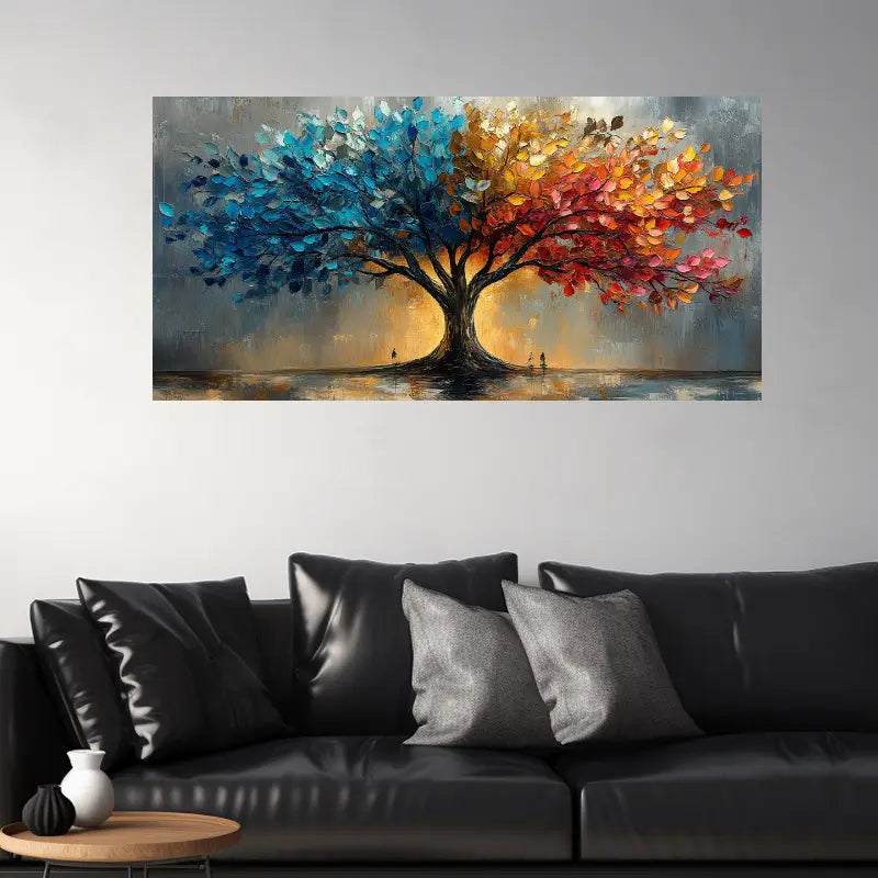 Tree of Life Abstract Painting with Vibrant Blue & Red Leaves, Textured Brushstrokes Wall Art wall canvas office home room framed 80x45cm