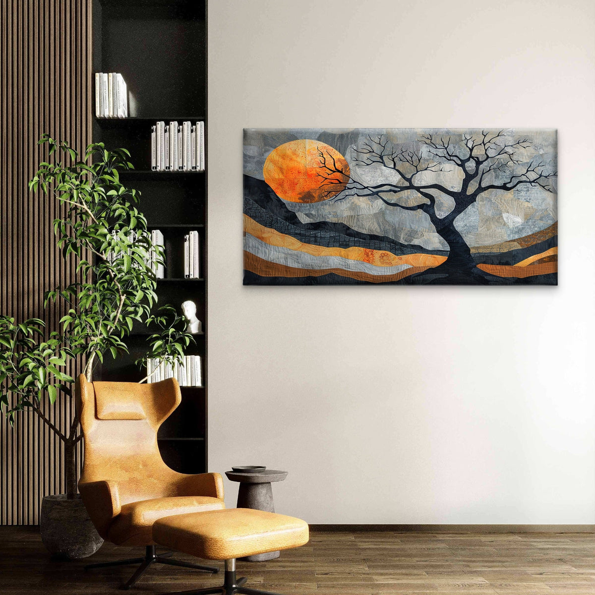 Abstract Patchwork Sun Tree Wall Art Canvas Office Home Room Framed 120x60cm