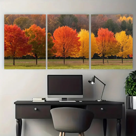 3pcs Autumn Colored Trees Country Road Metal Print Ready to Hang Art