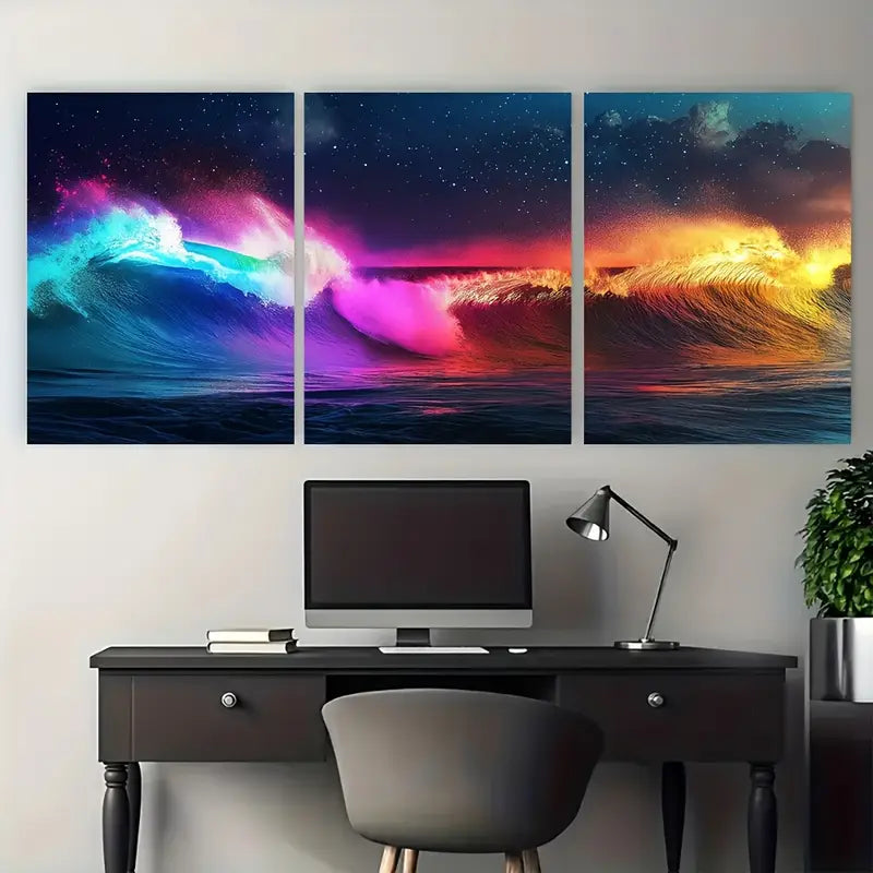 3pcs Colorful Neon Waves Surfer Metal Print Ready to Hang Art