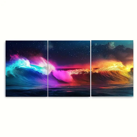 3pcs Colorful Neon Waves Surfer Metal Print Ready to Hang Art