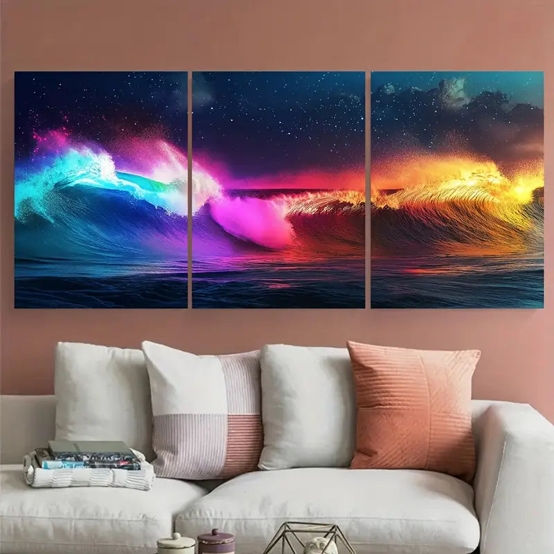 3pcs Colorful Neon Waves Surfer Metal Print Ready to Hang Art