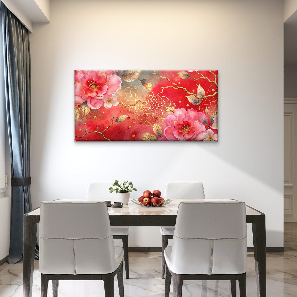 Modern Asian Peony Branch Wall Art Canvas Office Home Room Framed 120x60cm