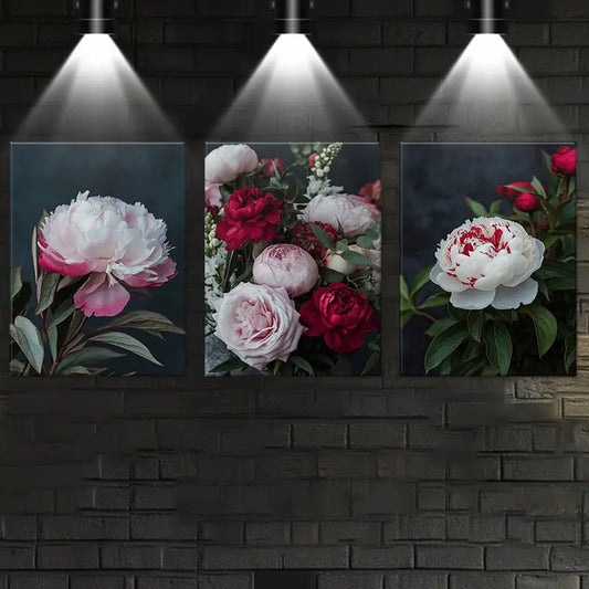 3pcs Oil Paintings with Peonies, Roses & Lush Greenery Metal Print Ready to Hang Art