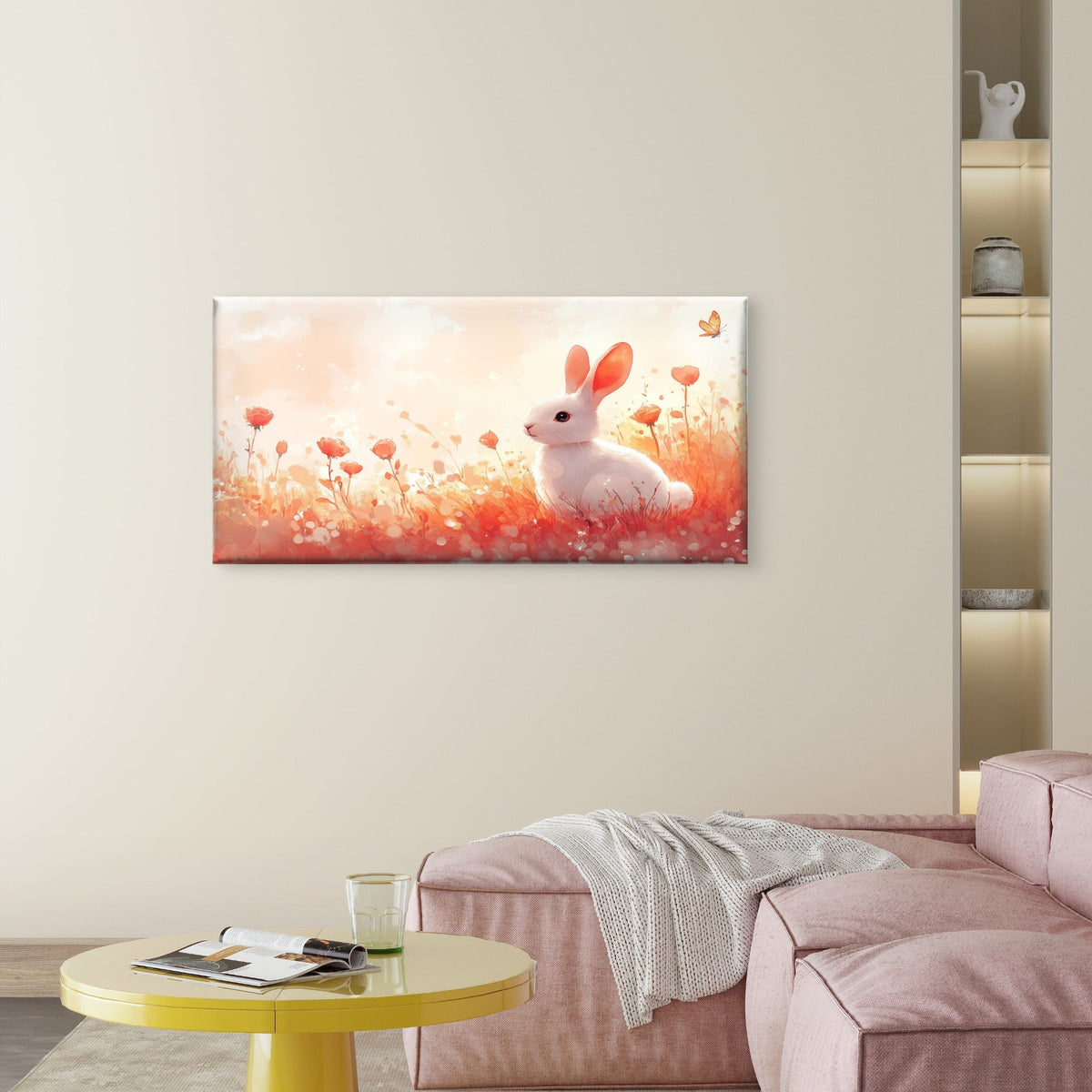 Cute White Bunny Rabbit Meadow Wall Art Canvas Office Home Framed 80x45cm