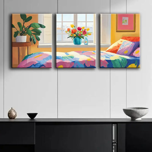 3pcs Bedroom with Window Illustration Metal Print Ready to Hang Art