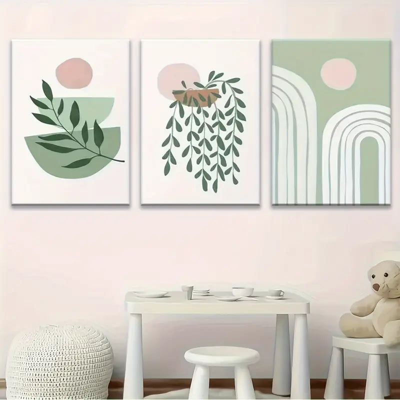 3pcs Sage Green and Blush Pink Botanical Shapes Metal Print Ready to Hang Art