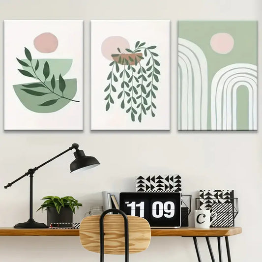 3pcs Sage Green and Blush Pink Botanical Shapes Metal Print Ready to Hang Art