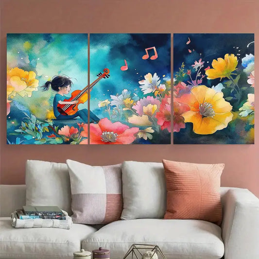 3pcs Garden Flowers Musical Notes Metal Print Ready to Hang Art