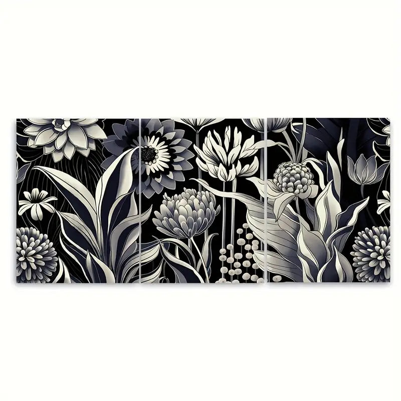 3pcs Geometric Floral Black and White Metal Print Ready to Hang Art