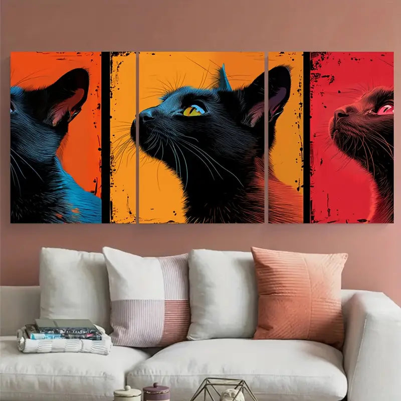 3pcs Black Cat Vibrant Comic Style Metal Print Ready to Hang Art