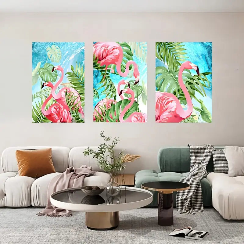 3pcs Pink Flamingo Vibrant Watercolor Metal Print Ready to Hang Art