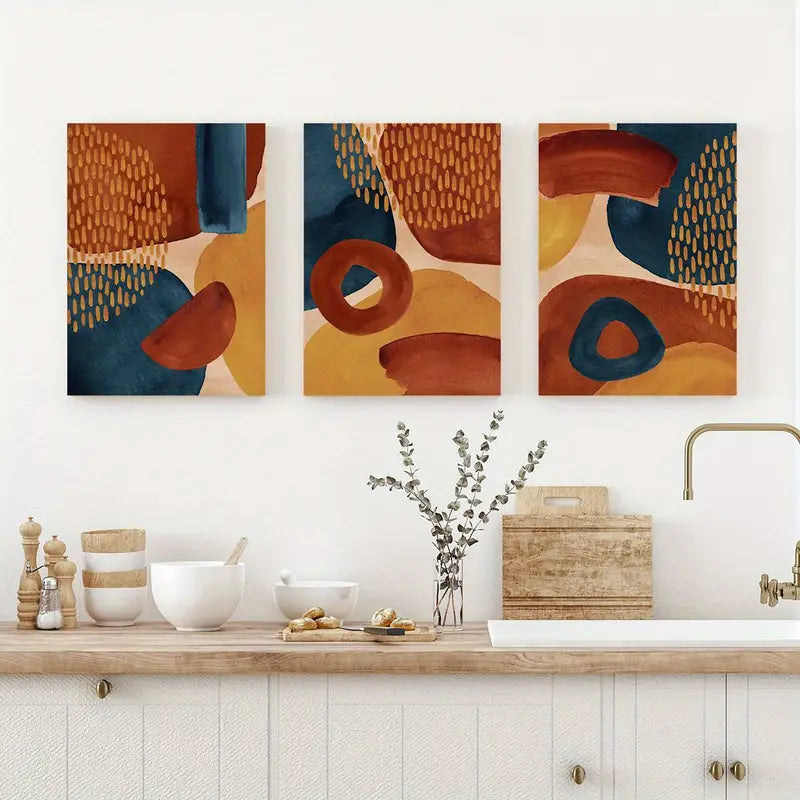 3pcs Abstract Navy Blue Burnt Orange Warm Metal Print Ready to Hang Art