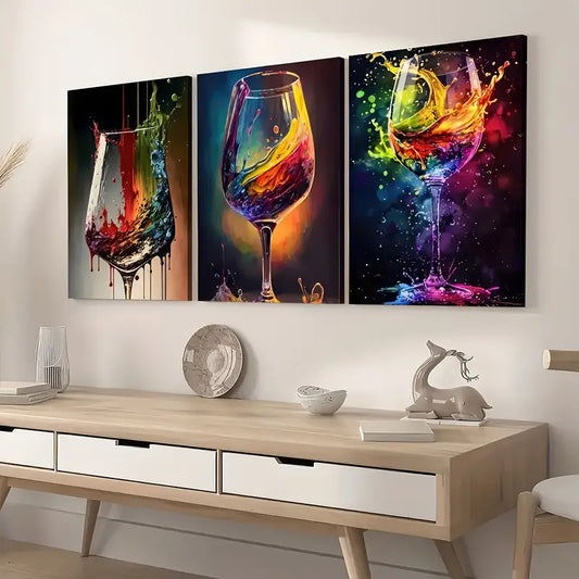 3pcs Modern Fashion Wine Glass Colorful Metal Print Ready to Hang Art