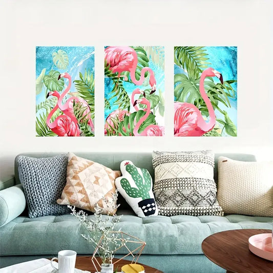 3pcs Pink Flamingo Vibrant Watercolor Metal Print Ready to Hang Art