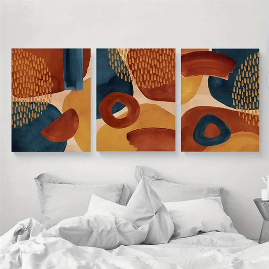 3pcs Abstract Navy Blue Burnt Orange Warm Metal Print Ready to Hang Art