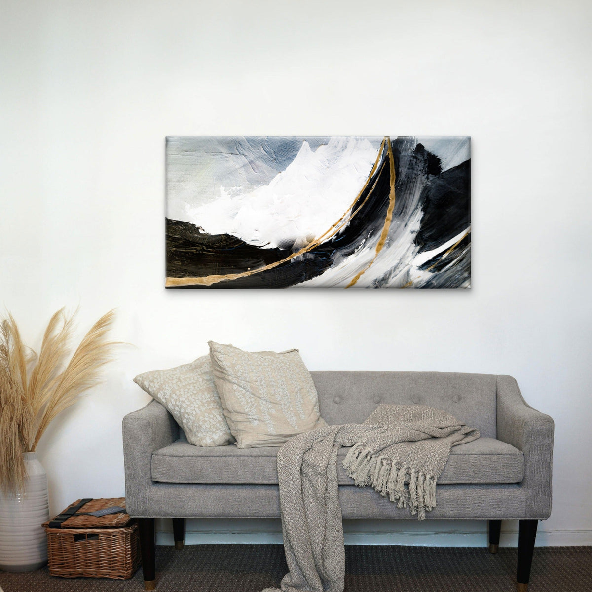 Black White Gold Fluid Abstract Wall Art Canvas Office Home Room Framed 120x60cm