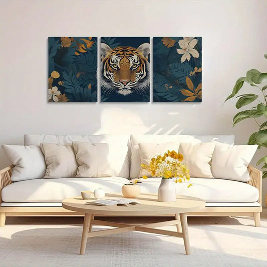 3pcs Vibrant Blue Background with Floral & Wildlife Design Metal Print Ready to Hang Art